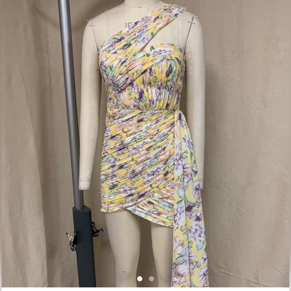 Lavish Alice Yellow & Lavender Floral One-Shoulder Mini Dress